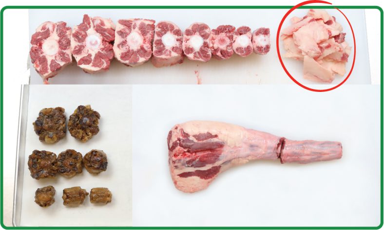 Above: A raw USDA oxtail cut into serving portions with trimmed waste circled in red. Below: Cooked oxtail portions (left) and a whole raw oxtail right.