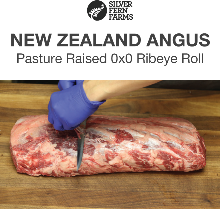 Two hands wearing blue gloves slicing a raw Silver Fern Farms New Zealand Angus ribeye roll.