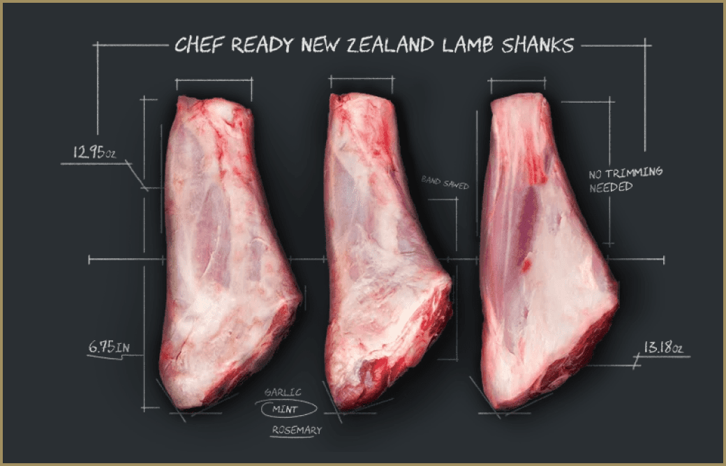 Three raw lamb shanks illustrate the consistent dimensions of Chef-ready Ovation lamb shanks from New Zealand. 