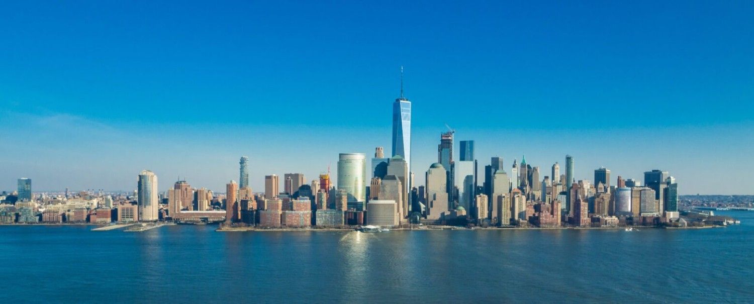 The lower Manhattan skyline seen from across the East River in New Jersey.