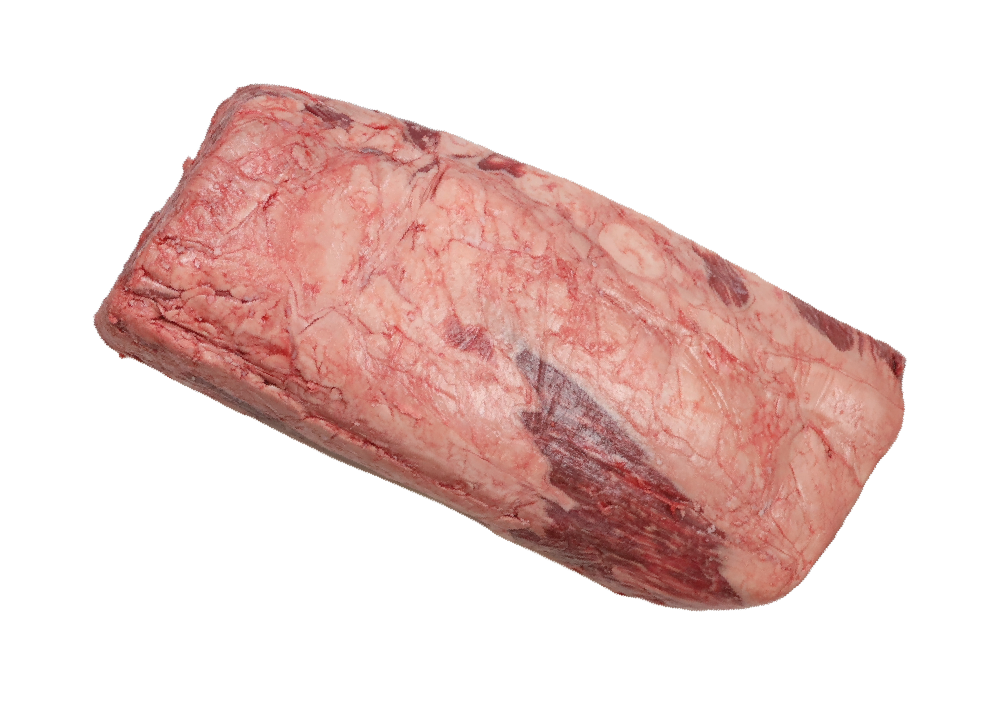 Standard USDA grade raw ribeye roll on a white background.